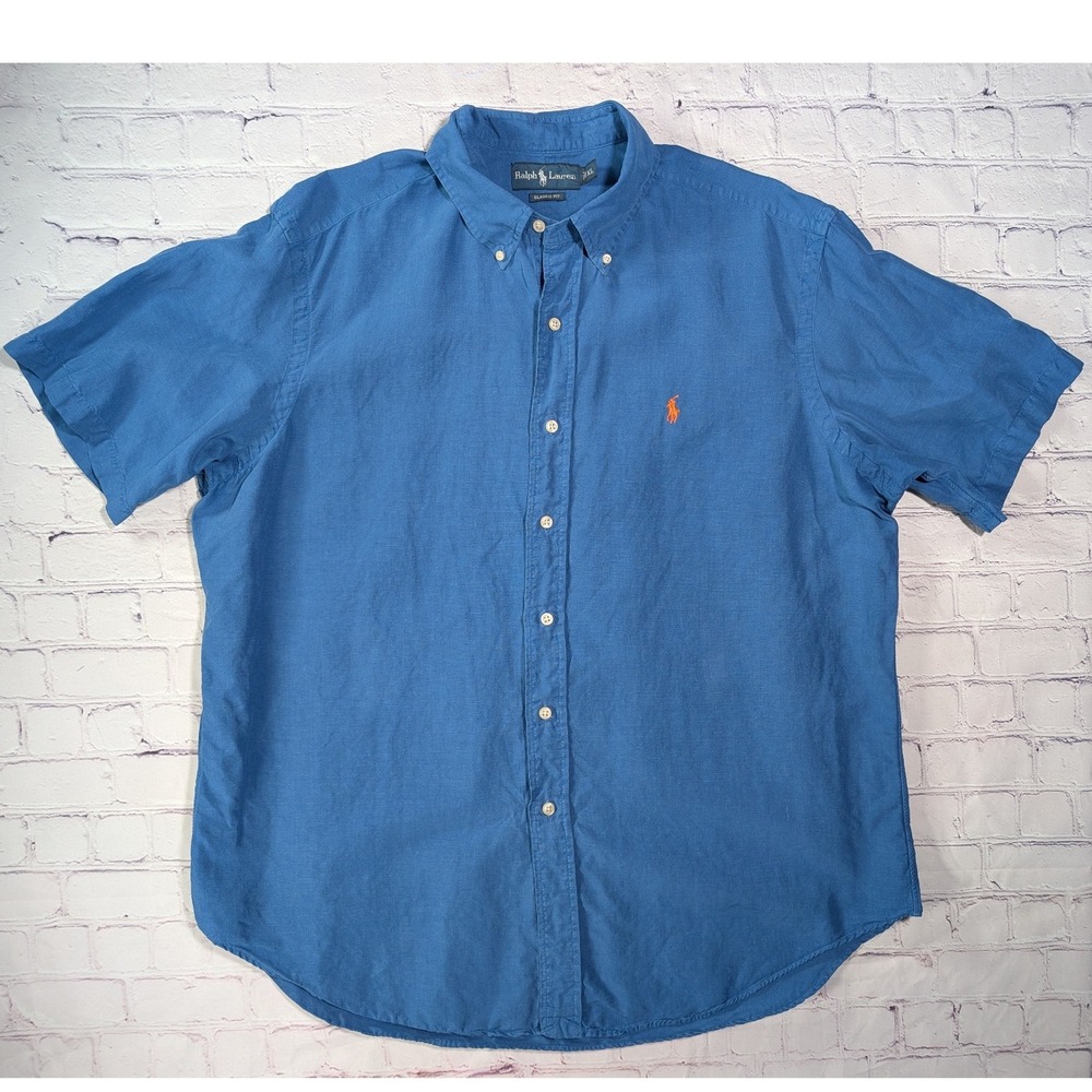Vintage Ralph Lauren Linen Shirt Mens XL Blue Classic Fit 90s Y2K